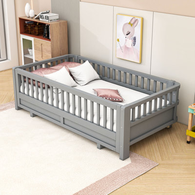 Wood Platform Bed With Guardrails And Convertible Design