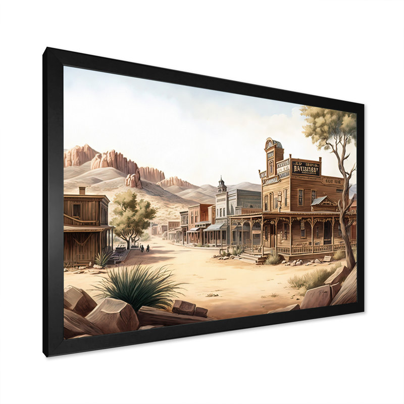 Wild West Town III - cadre flottant, impression sur toile, Impression noire sur toile encadrée, H 12 po x l 20 po x P 1 po