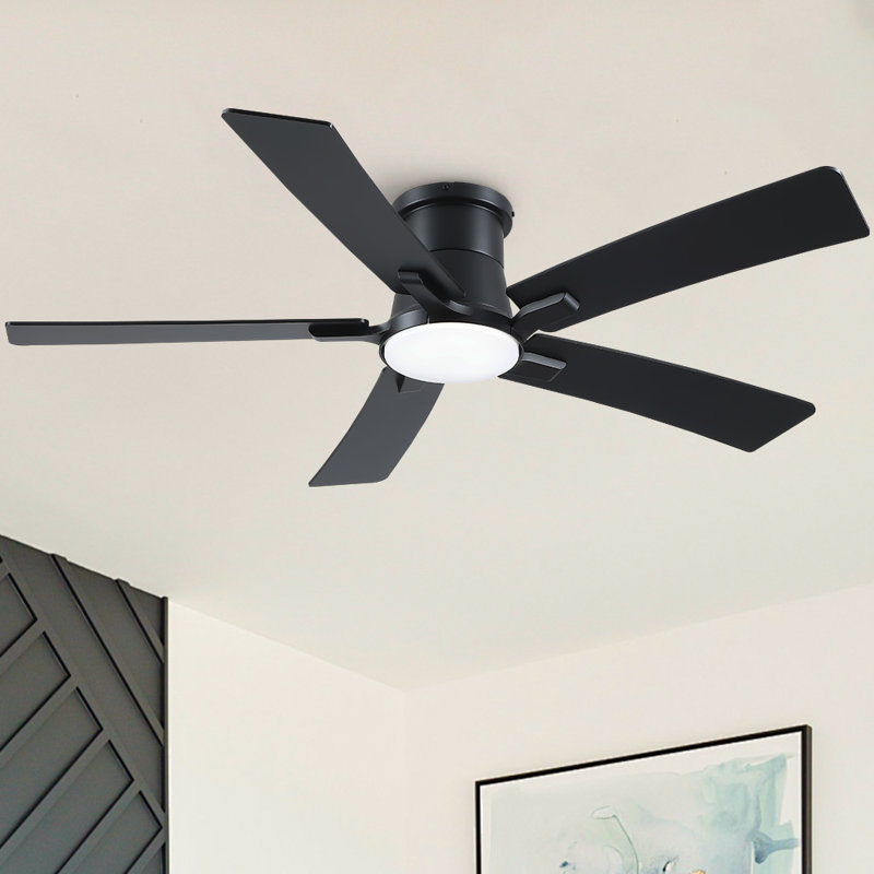 Ventilateur de plafond encastré noir mat moderne 52 po avec DEL intégrées, télécommande et 5 pales deux tons, Noir / brun