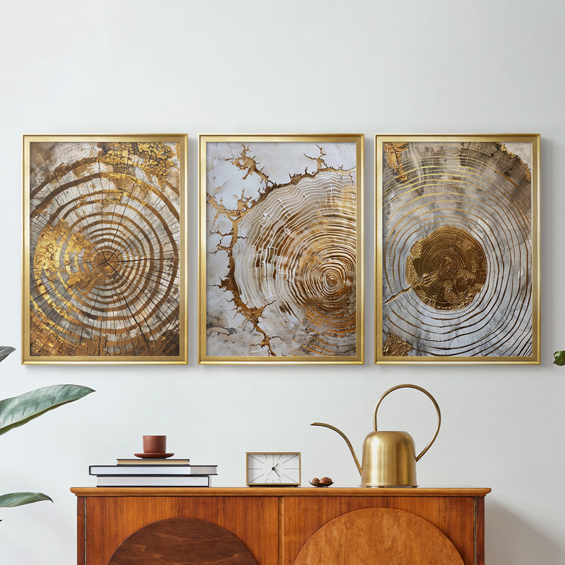 ABSTRACT Series Cxxviii - Toile tendue avec châssis sur mesure - 3 pièces, H 21 po x l 30 po, Doré