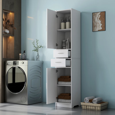 Armoire de rangement pour salle de bain de 70,87 po de hauteur avec 2 portes et 2 tiroirs, unité de rangement étroite, tablettes réglables, armoire de plancher pour salle de bain, salon, entrée, cuisine, blanc