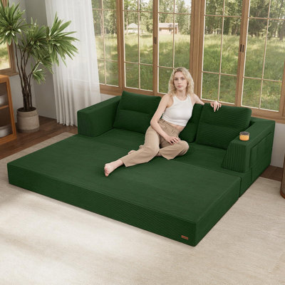 Futon canapé-lit grand, canapé-lit convertible de 79 po pour le salon, canapé-lit pliant 4 en 1 en velours côtelé désossé en mousse dans une boîte, matelas de sol pliant confortable et pliable vert