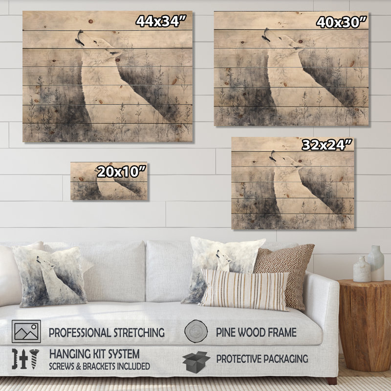 Hurlement lunaire du loup dans le bois II - Art mural moderne sur bois de pin naturel, H 30 po x l 40 po
