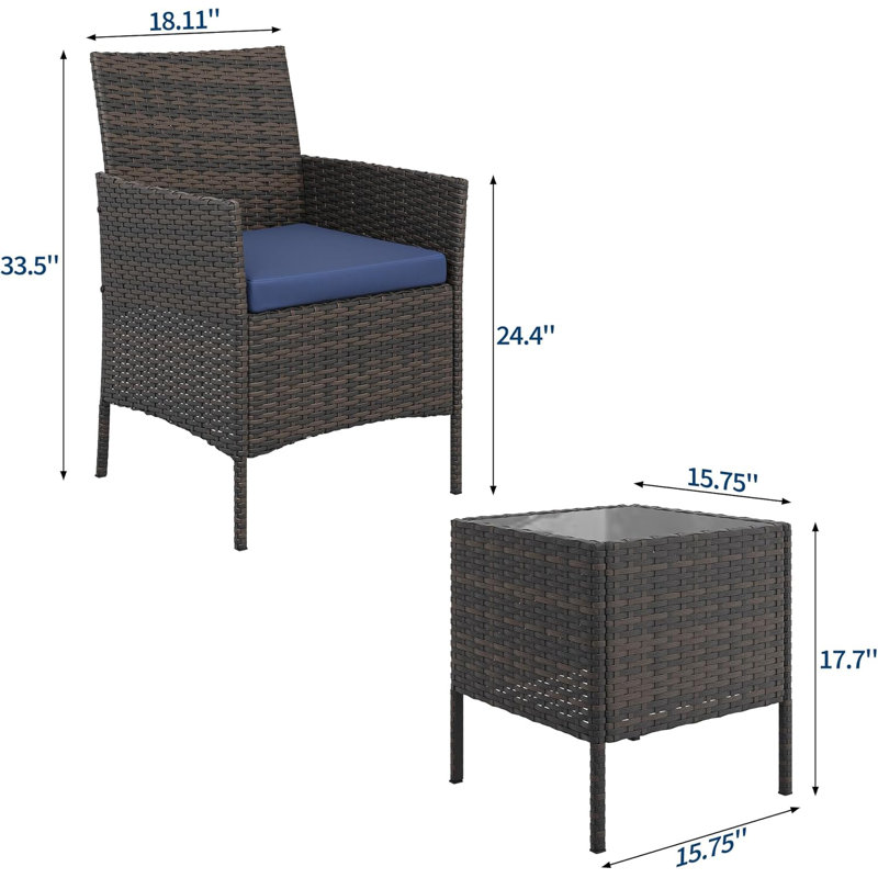 3-Piece Patio Bistro Set, PE Rattan Chairs, Glass Table, Cushions, All-Weather Garden Porch, Blue, Brown