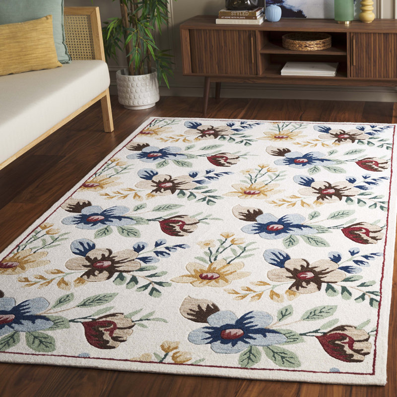 Abbeygail Hand Tufted Wool/Cotton Performance Floral Rug in Ivory/Blue, Rectangle 5' x 8'