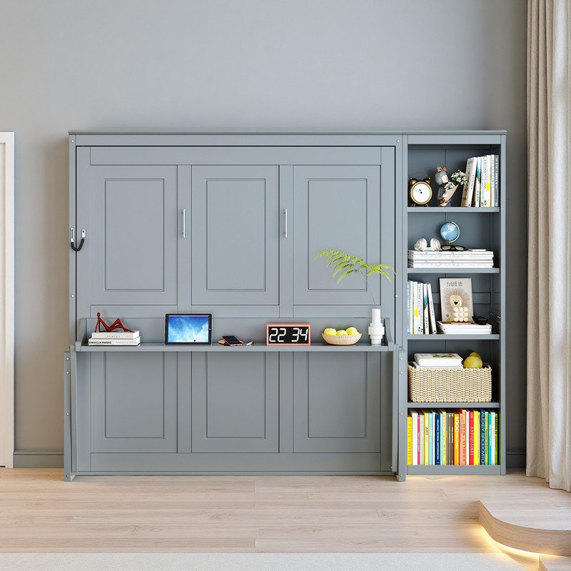 Queen Size Murphy Bed with Desk and Bookcase, Gray, Queen