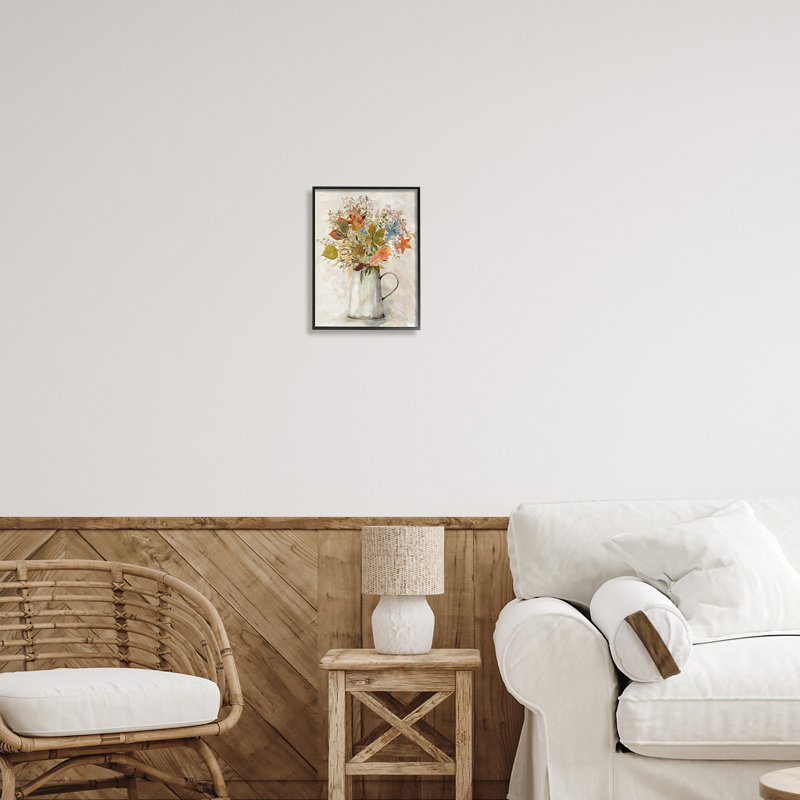 «Fall Florals Country Jug» encadré sur bois par Carol Robinson, reproduction, Giclée encadrée noir minuit