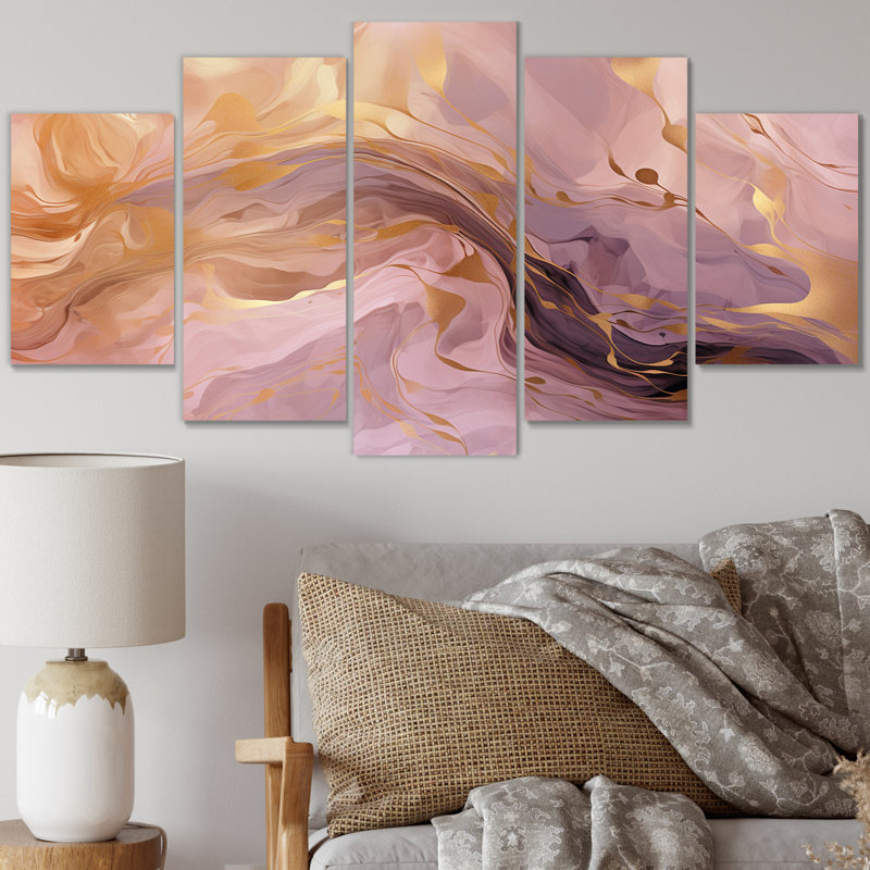 «Tender Liquide Vintage Pink Gold Waves», reproduction d'art abstraite, 5 panneaux