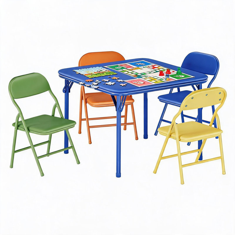 5-Piece Folding Table & 4 Chairs Set Ultra Soft PU Cushions Metal Frame For Activity, Study, Playroom, Multicolor