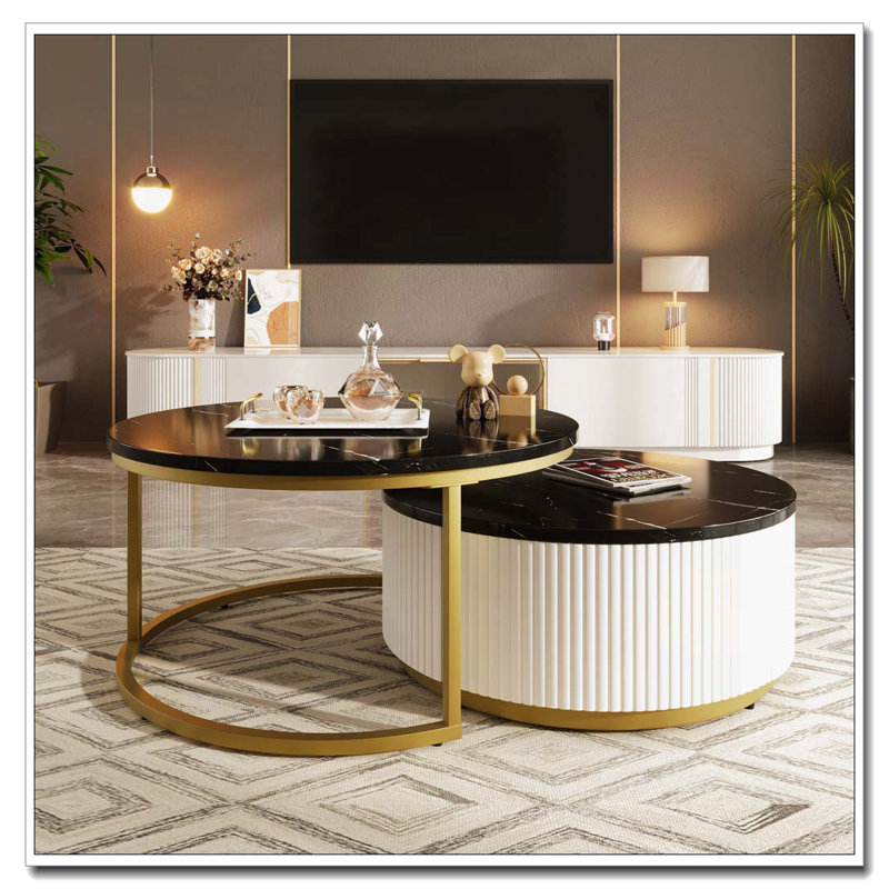 Round Nesting Coffee Table Fluted with Drawer, Black