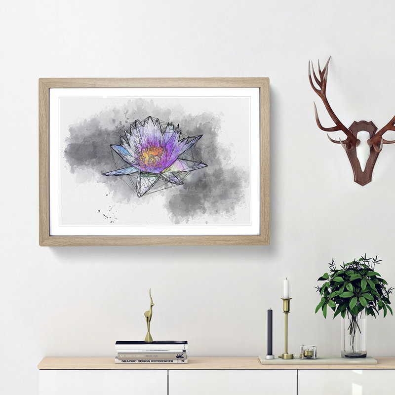 Violet Water Lily Sketch - Picture Frame Graphic Art Print, 40cm H x 60cm W x 2cm D, Oak Framed
