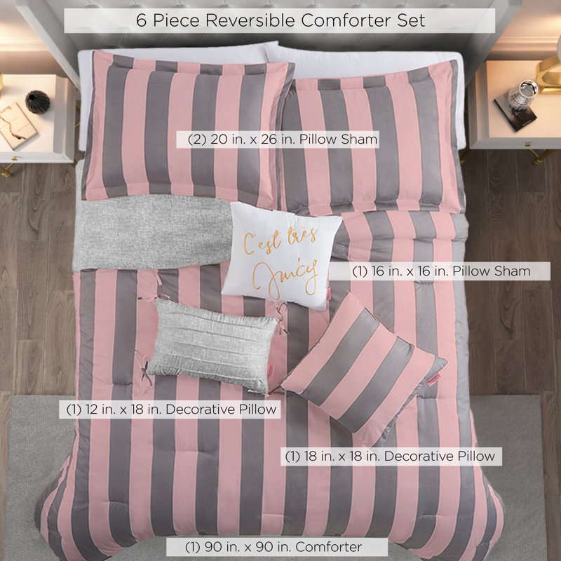 Juicy Couture Cabana Stripe Comforter Sets, Full/Queen Comforter + 2 Shams + 3 Throw Pillows, Gray/Pink