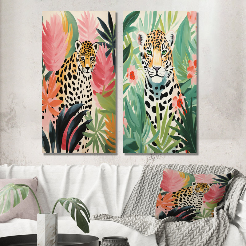 Green And Pink Leopard Tropical Elegance I - Leopard Canvas Art Print Set Of 2, Wrapped Canvas, 28" H x 25" W