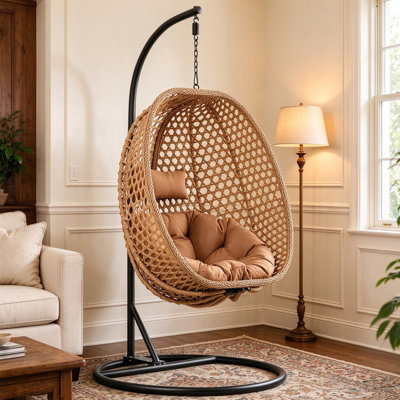 Charlie-Jade Modern Indoor / Outdoor Wicker Egg Chair with Stand, Natural PE Rattan Teardrop Swing Chair with UV-Resistant Cushion for Patio & Living Room