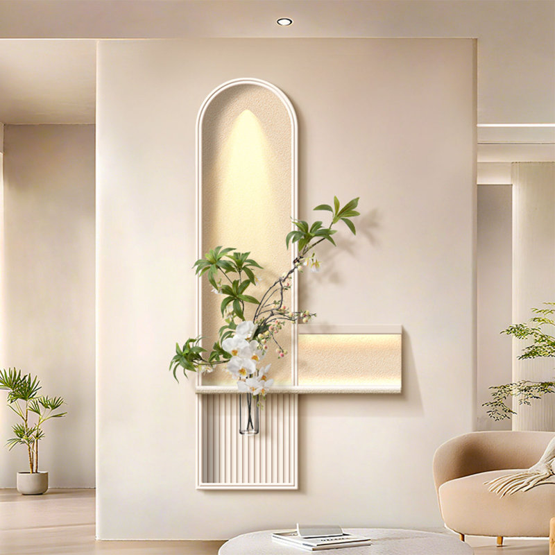 Cream Led Arch 3d Sandstone Hydroponic Greenery Wall Art - Entryway Hallway Decor, 70.87" H x 35.43" W x 6.3" D, Beige/Green