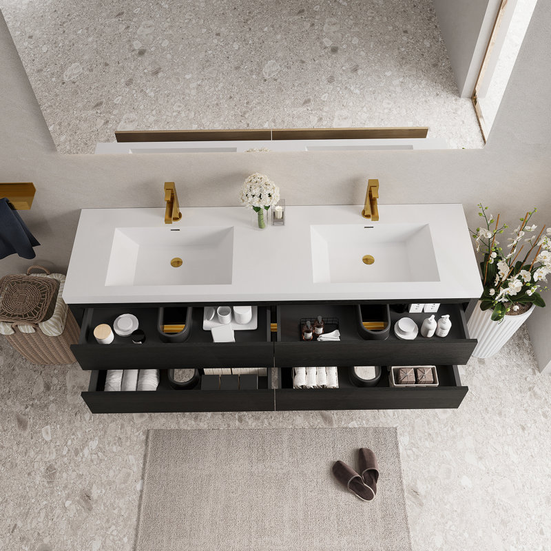 Meuble-lavabo mural avec lavabo, armoire de rangement flottante avec comptoir et tiroirs à fermeture douce, idéal pour l'organisation de la salle de bain