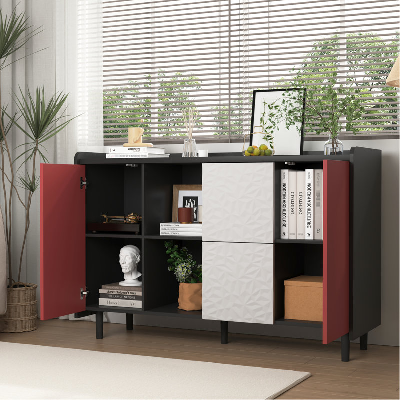 Buffet moderne noir et rouge pour la salle à manger Buffet moderne avec portes de corps, 2 tiroirs et compartiments ouverts
