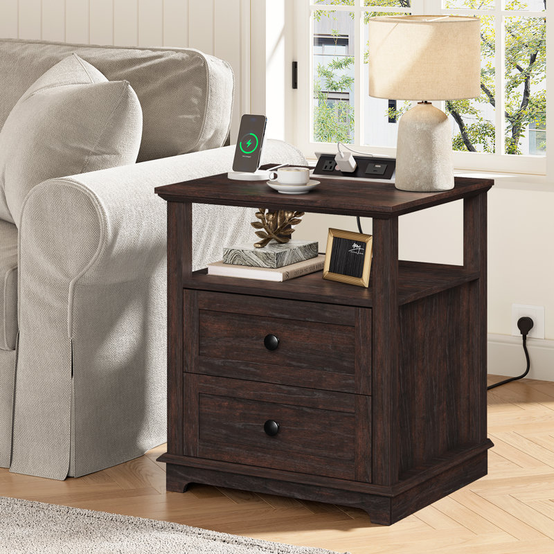Tables de chevet 2 tiroirs avec rangement et station de charge intégrée Danforth, Espresso, 1 Drawer