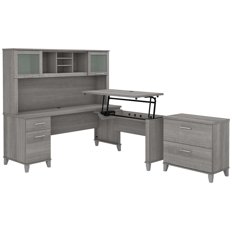 Bureau debout en L avec rehausse Magomed, Gris platine