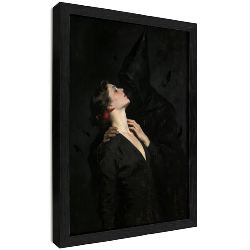 Art noir encadré noir, femme morte, bisous, H 11 po x l 9 po
