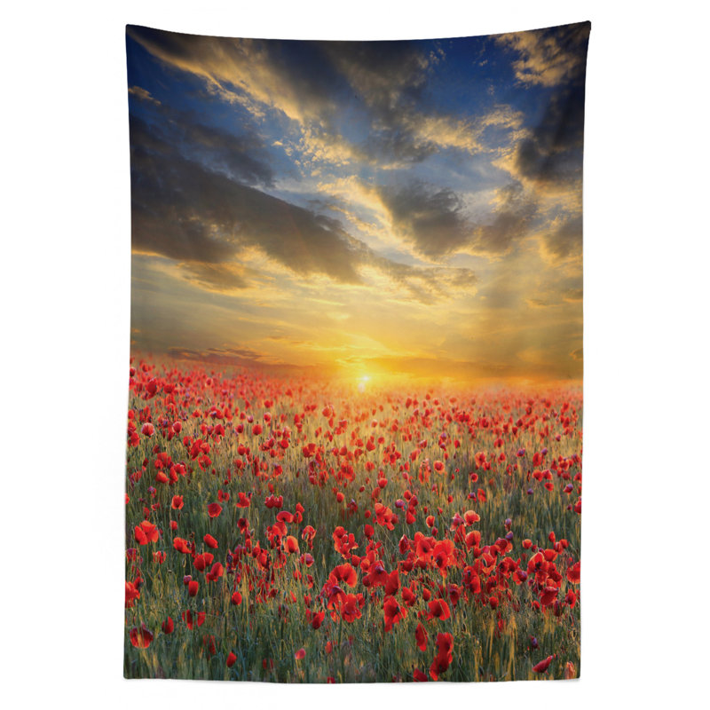 Ambesonne Flower Tablecloth, Poppy Field Sunset Sky Evening View Golden Yellow Sun Rays Dark Clouds Graphic Art, Rectangular Table Cover For Dining Room Kitchen Decor, 60" X 90", Multicolor