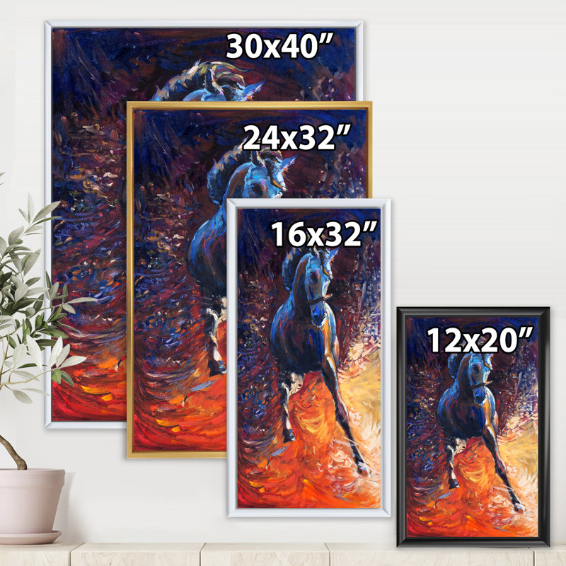 Portrait d'un galopant bleu - Peinture sur toile, H 32 po x l 24 po x P 1 po, Cadre flottant blanc