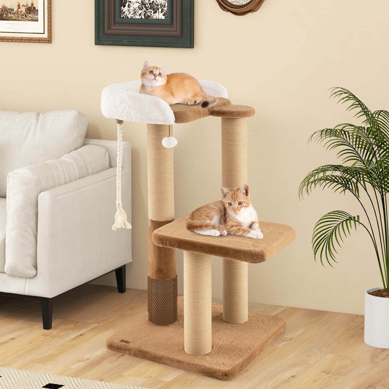 44" Caramel and White Sisal Cat Tree with Faux Fur Perch