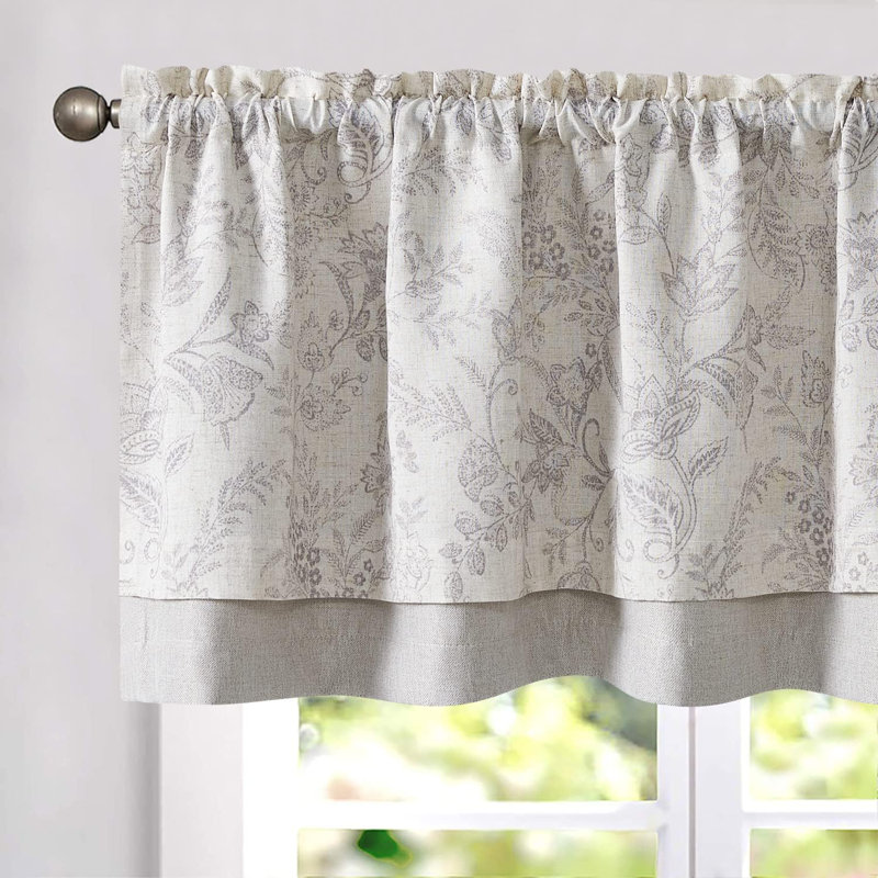 Linen Floral Valance Curtain Farmhouse Double Layer Valance, Tan Gray, 50" W x 18" L