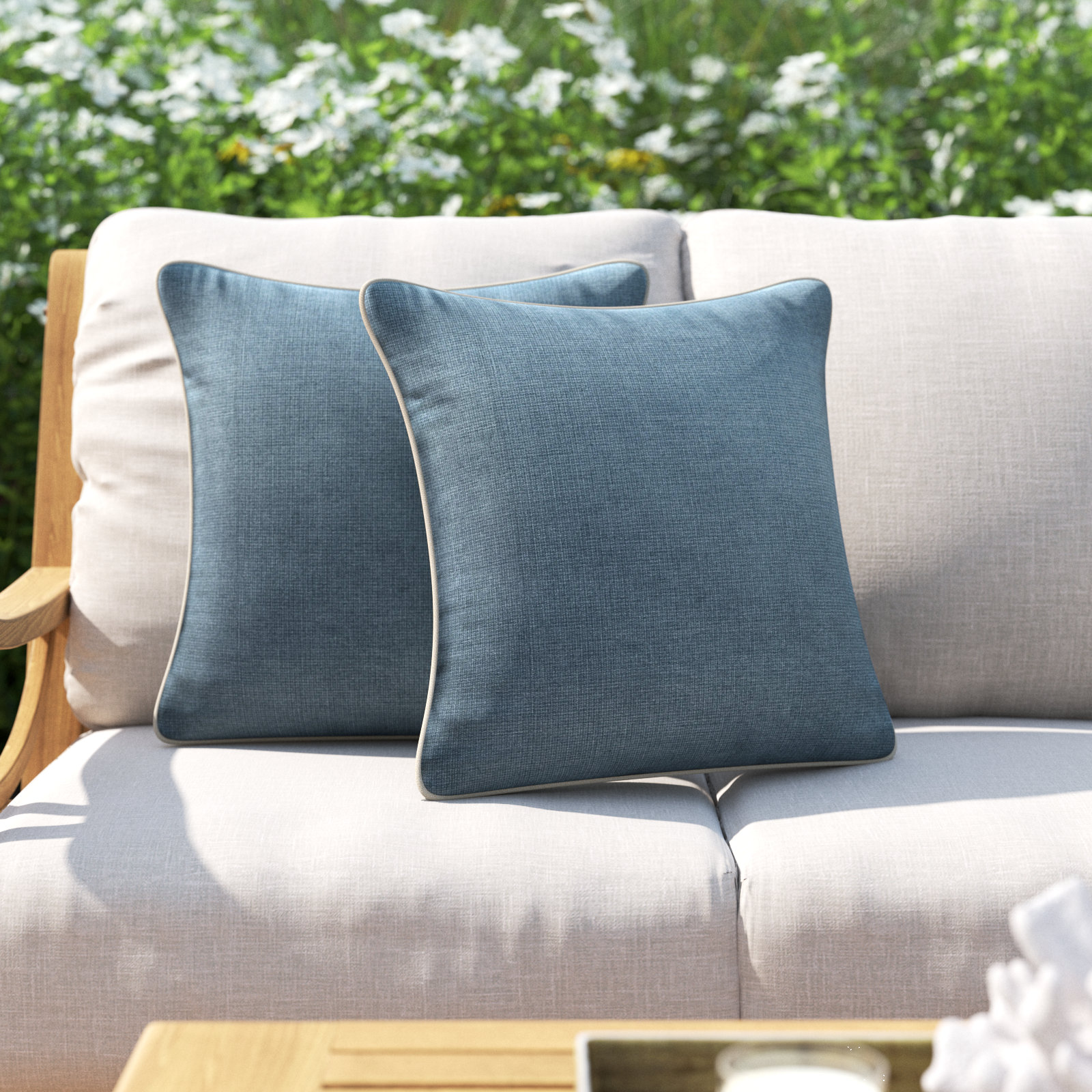 Jaclyn Sunbrella® Throw Pillow, 16" x 16", Natural/Blue