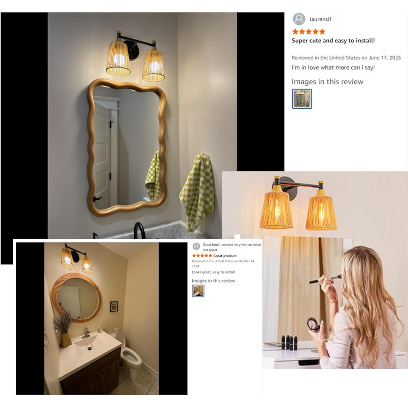 Boho Vanity Light Fixture With Hand-Woven Rattan Shade 2-Light Bathroom Sconce Rustic Matte Black Wall Light For Over Mirror Bedroom Living Room
