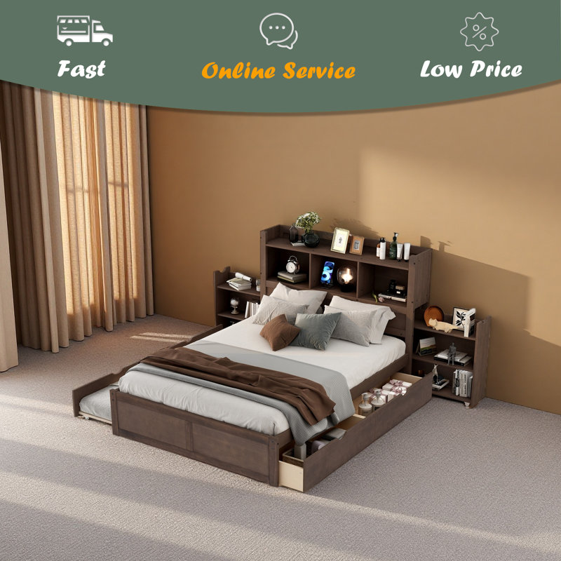 Lit plateforme double avec tablettes coulissantes, Espresso