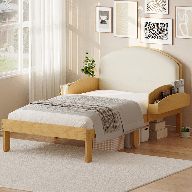 Structure de lit simple avec tête de lit tapissier en bois, tête de lit courbée et rembourrée avec pieds arqués et tablettes de rangement latérales, lit plateforme moderne pour la chambre à coucher, aucun sommier nécessaire