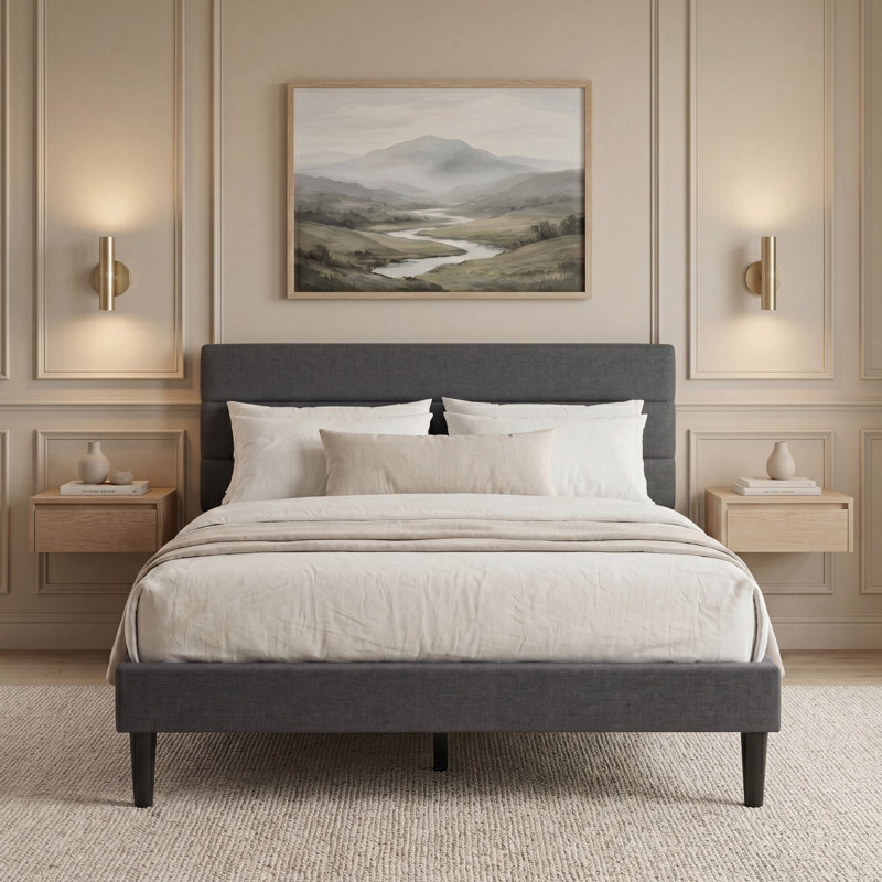 Modern Linen Effect Fabric Bed Frame with Adjustable Headboard for Bedroom Furniture, Kingsize (5'), Dark Grey