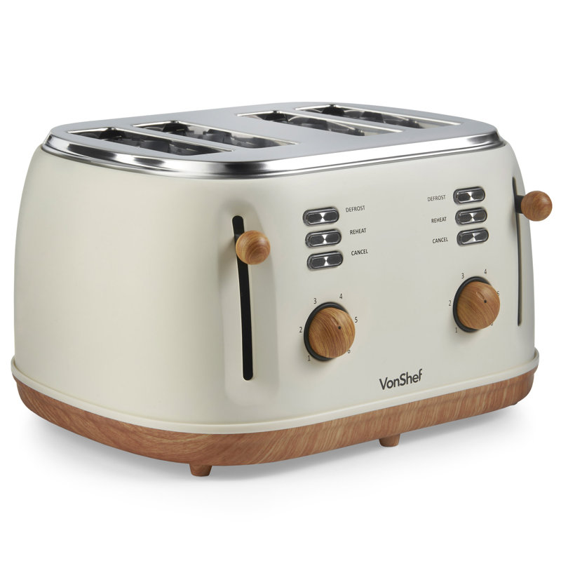 Vonshef 4 Slice Toaster - Nordic Matte Cream Design, 6 Browning Settings, Wide Slots, Defrost, Reheat And Cancel Functions, Removable Crumb Tray, High Lift Lever & Cord Storage