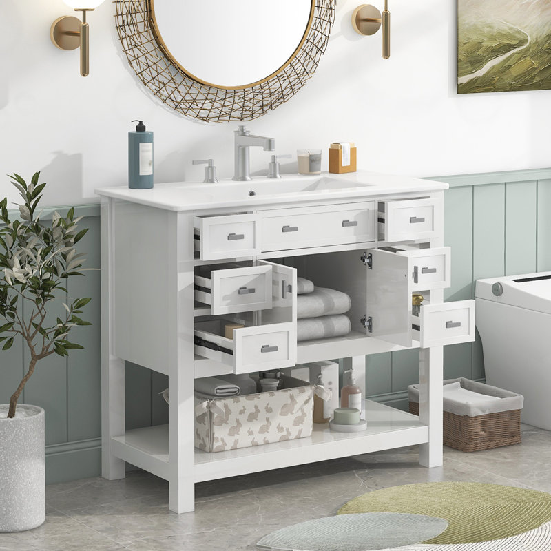 Armoire Hetzel avec 2 portes à fermeture douce et 6 tiroirs, Blanc