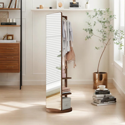 360° Swivel Full Length Mirror With Stand,Solid Wood Floor Mirror With Coat Rack