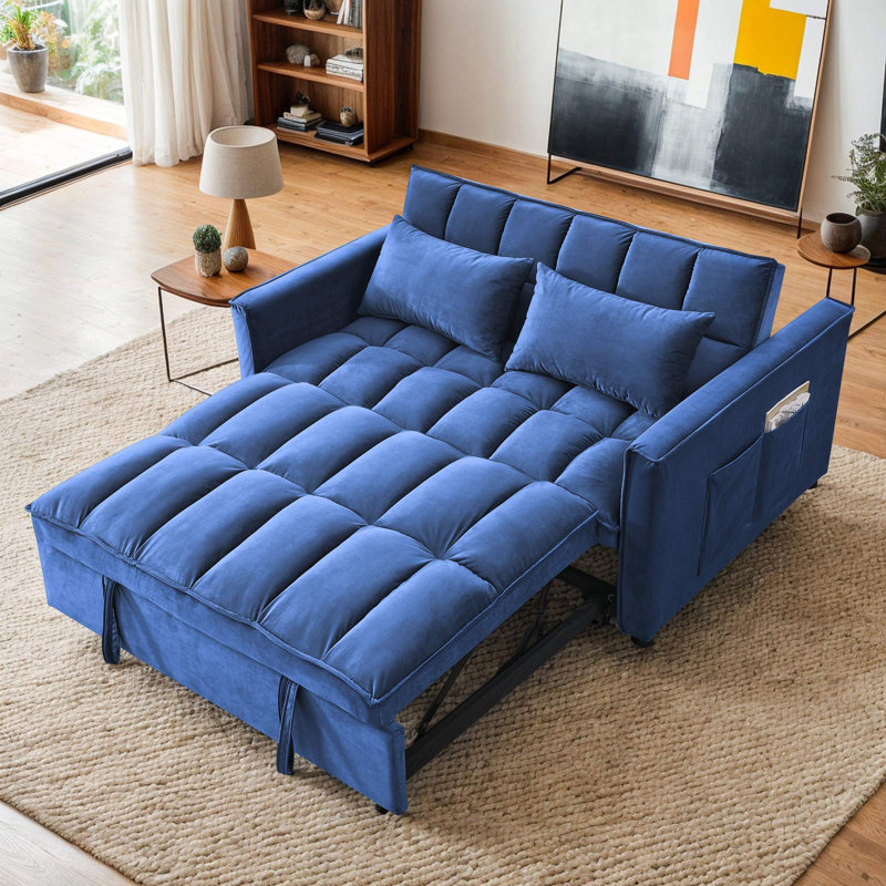 54" Velvet Convertible 3-In-1 Sofa Bed, Blue