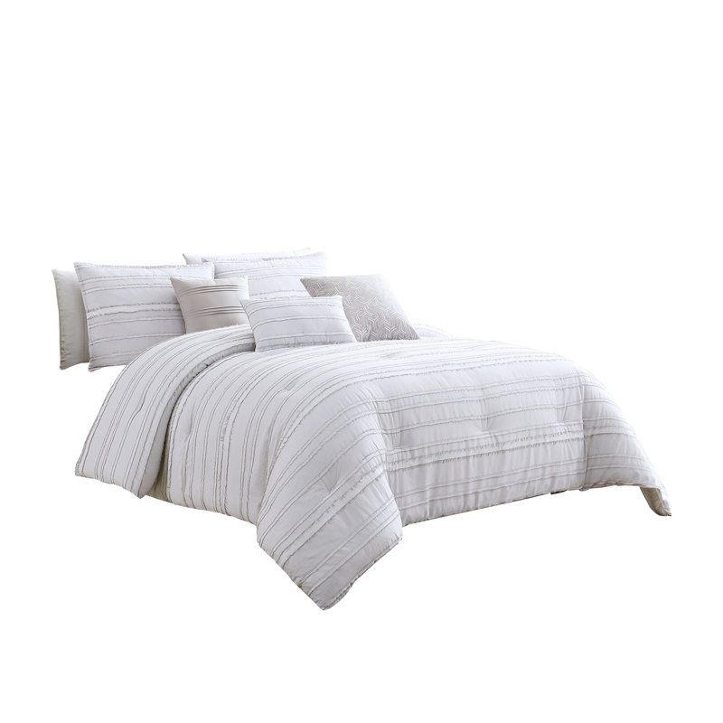  White/Gray 6 Piece Comforter Set, Queen Comforter + 2 Shams + 3 Pillows