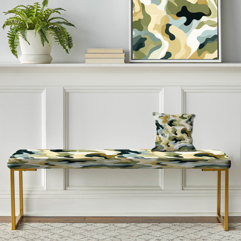 Camouflage Upholstered Gold Bench, Desert Oasis Ideational Current