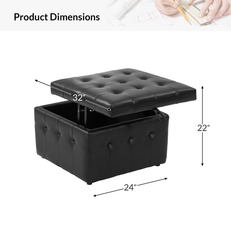 Repose-pieds capitonné standard en cuir véritable avec rangement Brezlynn, Cuir véritable noir