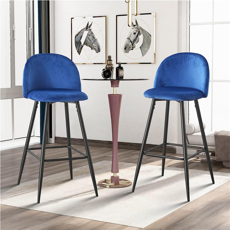 Upholstered Velvet Counter Stool with Steel Frame, Navy Blue