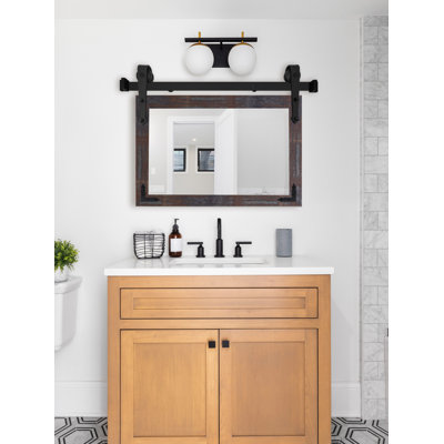 Modern Rustic Vertical Mirror with Steel Barn Door Track and Decorative Metal Corner Brackets