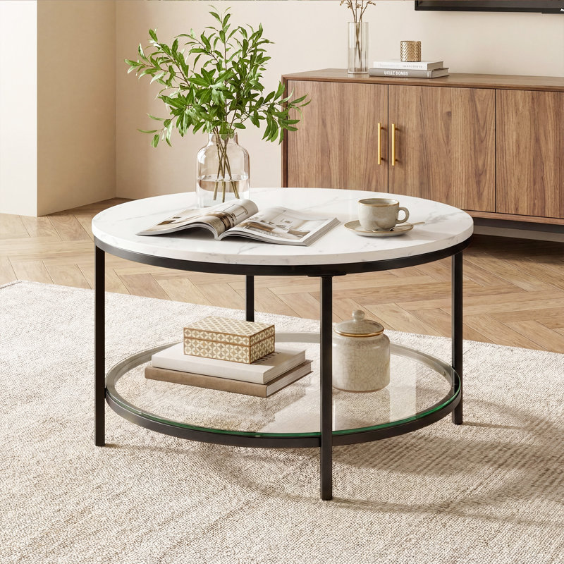 Marble Round Coffee Table with Glass for Living Room, 2-Tier Circle Coffee Table with Storage Clear Coffee Table, Gold
