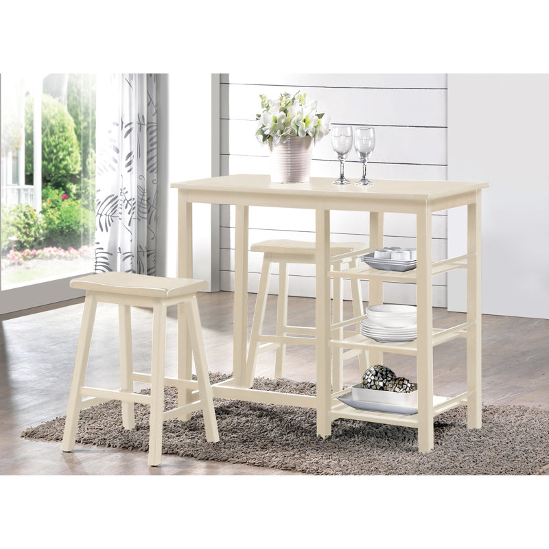 Table rectangulaire 3 pièces à hauteur de comptoir, table rectangulaire avec rangement pour les tablettes, tabourets en bois sans accoudoirs, pieds carrés, capacité de charge de 500 lb, déjeuner en bois synthétique crème