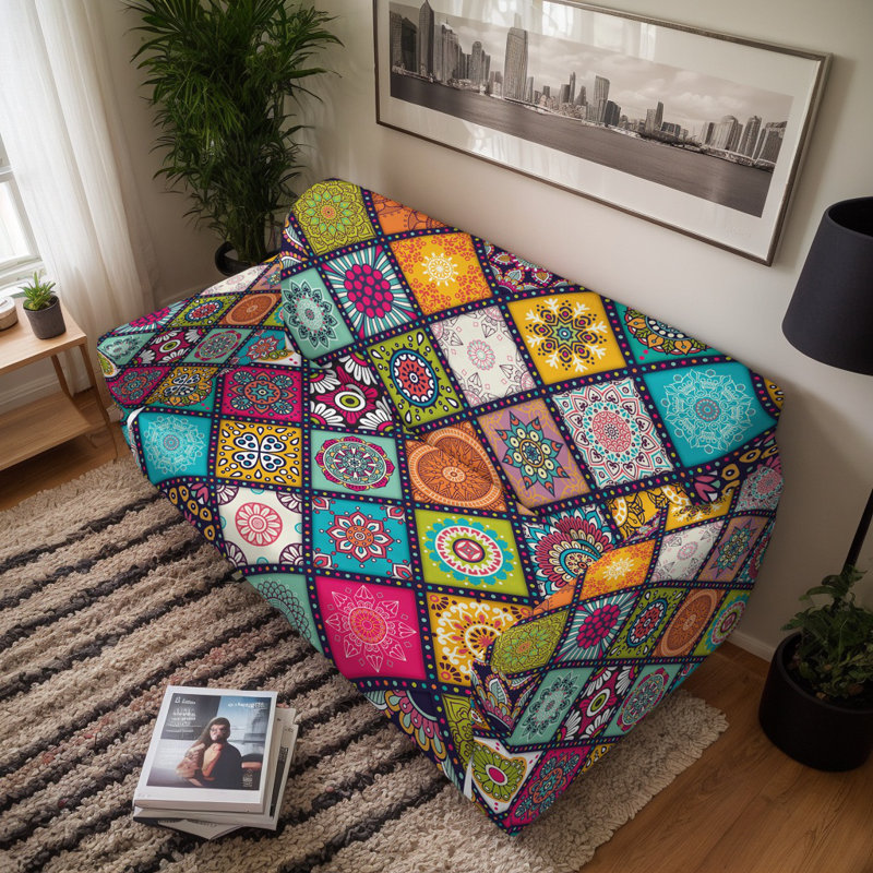Housse extensible Boho Mandala Diamond Patchwork, H 40 po x l 118 po x P 39 po