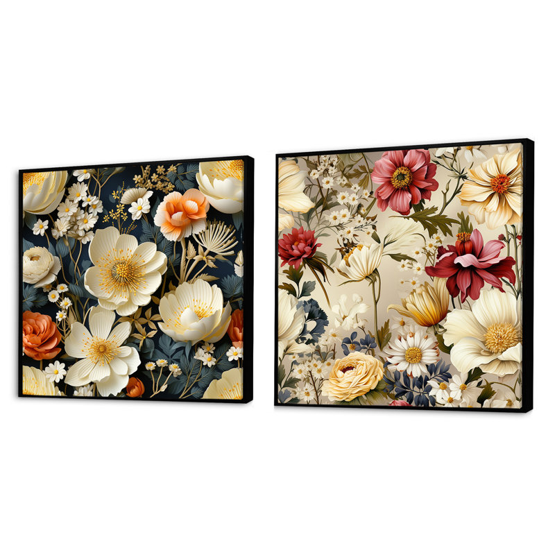 Pfarr - Ensemble de 2 collages floraux carrés, Cadre flottant noir, H 36 po x l 73 po