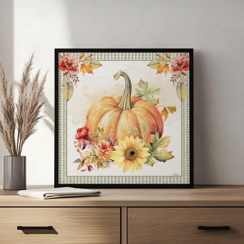 «Fall Pumpkin Floral III» par Nicole DeCamp, reproduction d'art, L 36 x H 36, Noir, Impression encadrée