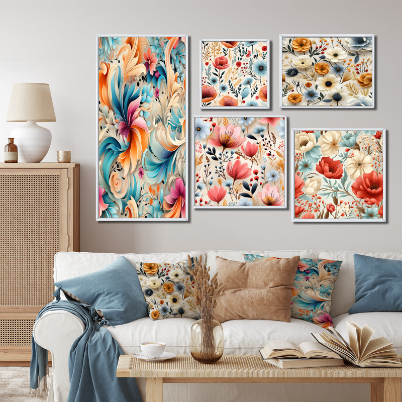Ensemble de salon rose et bleu Boho Paisley Playfulness - Floral Wall Art, Cadre flottant blanc