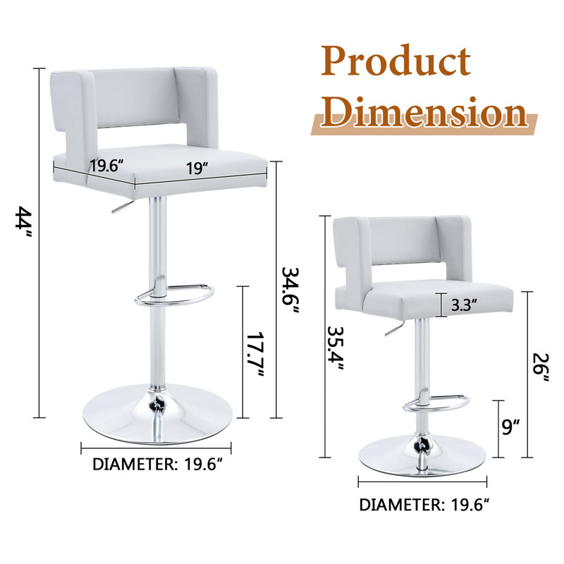Bar Stool Adjustable Height Faux Leather Upholstered, Gray Seat/Sliver Frame