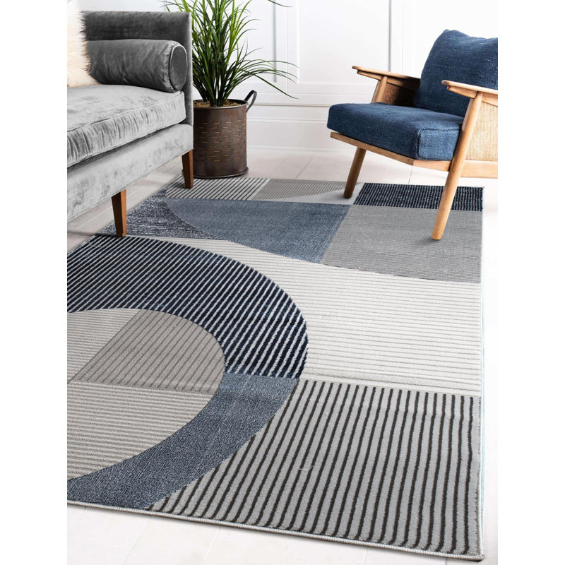  Tapis moderne 9 pi x 12 pi | Grand tapis géométrique pour la décoration intérieure | Bleu gris, Rectangle 9 pi x 12 pi